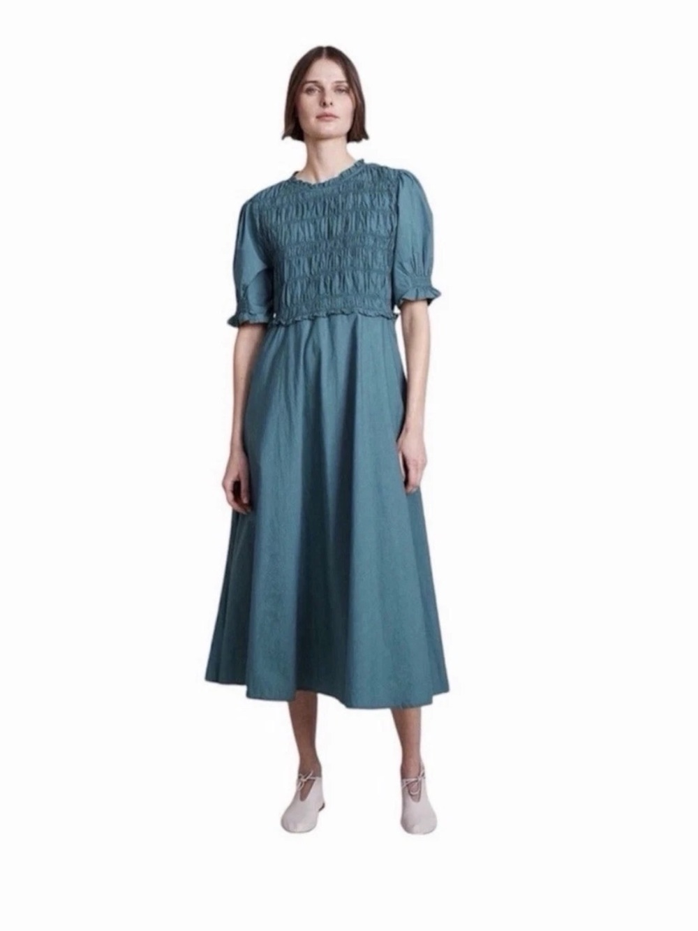Smocked Bodice Teal Midi Dress - Size M